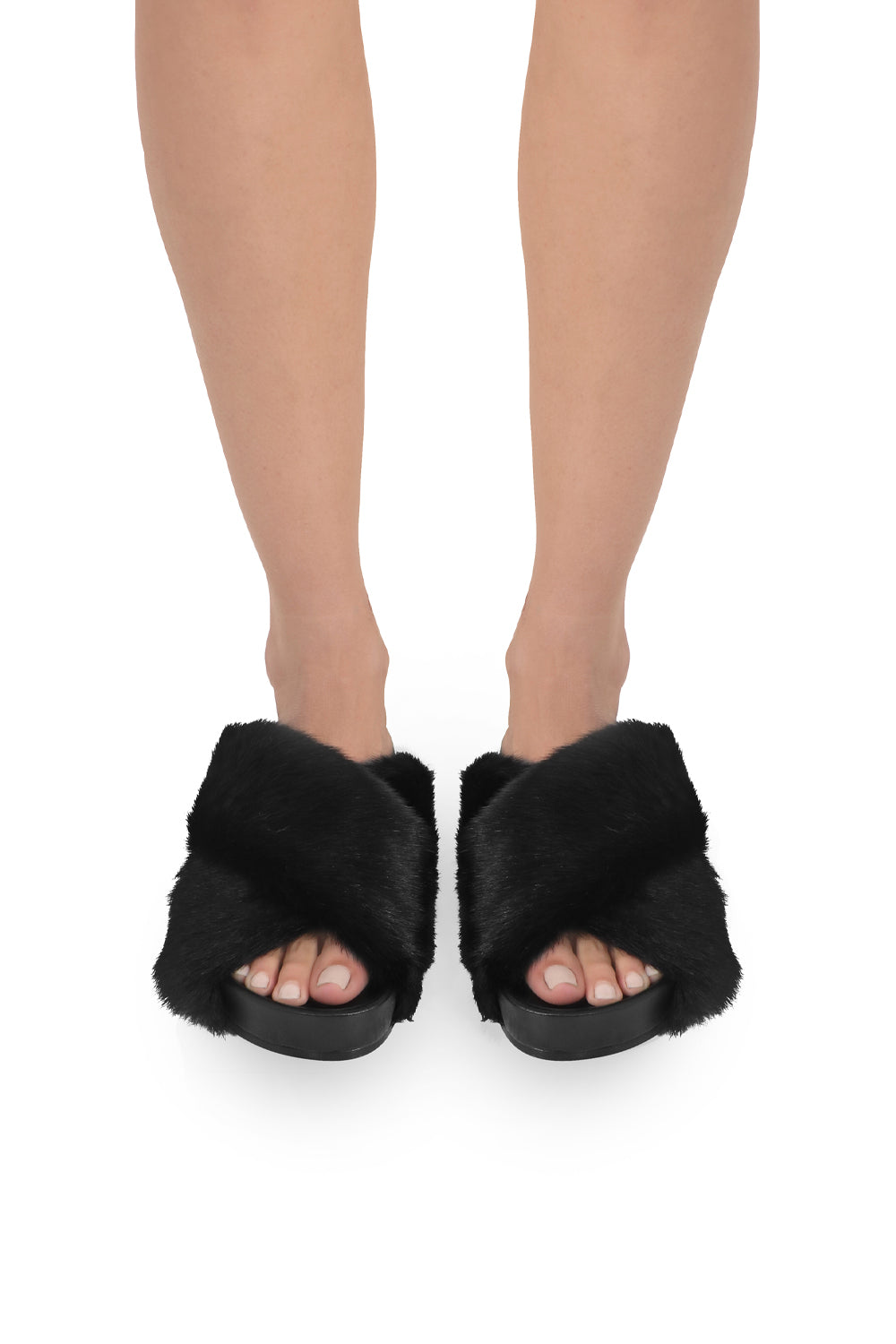 JIL SANDER SHOES FAUX FUR CROSSOVER SLIDE BLACK