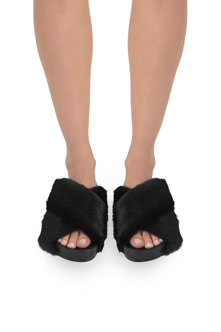 JIL SANDER SHOES FAUX FUR CROSSOVER SLIDE BLACK