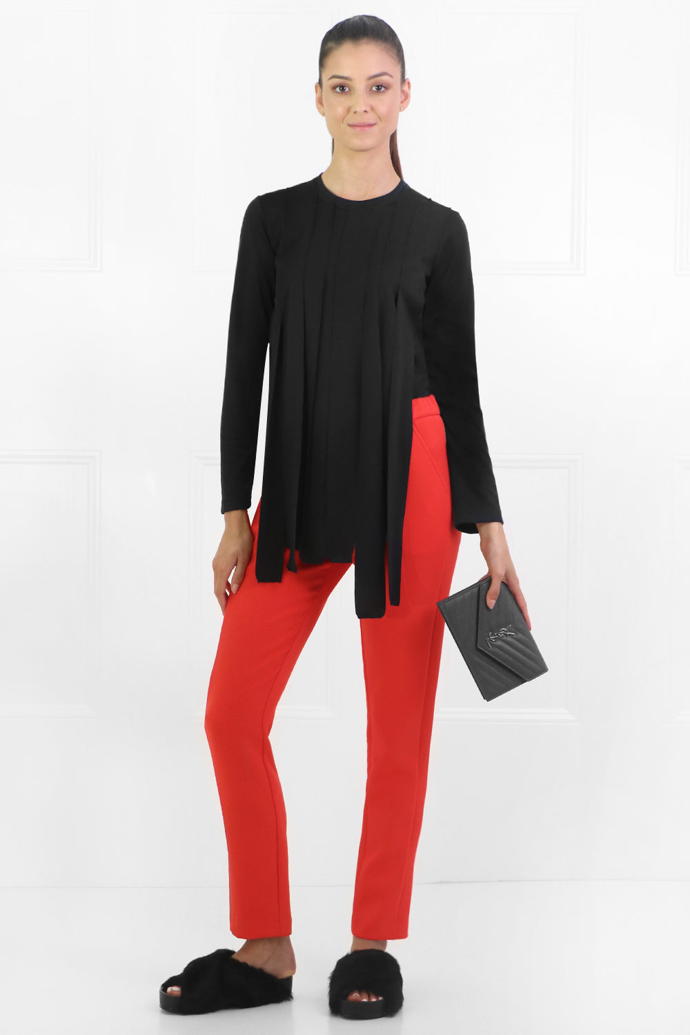 JIL SANDER SHOES FAUX FUR CROSSOVER SLIDE BLACK