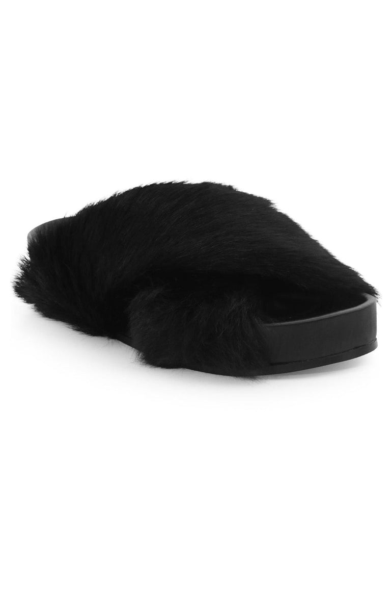 JIL SANDER SHOES FAUX FUR CROSSOVER SLIDE BLACK