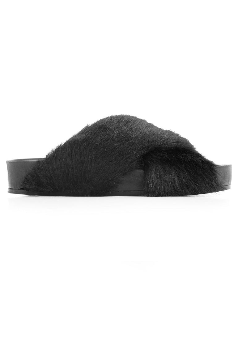 JIL SANDER SHOES FAUX FUR CROSSOVER SLIDE BLACK