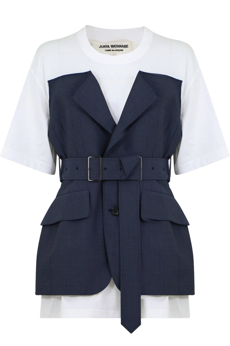 JUNYA WATANABE RTW BELTED BODICE T-SHIRT S/S WHITE/NAVY