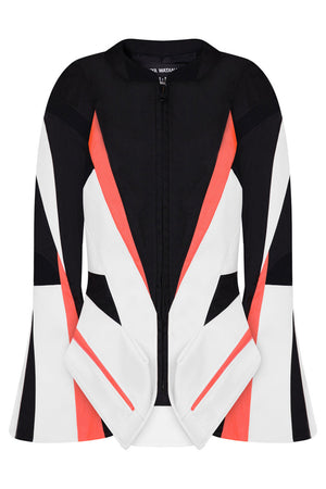 JUNYA WATANABE RTW FITTED WAIST JACKET WITH FLARE SLEEVES | BLACK/WHITE/FLURO ORANGE