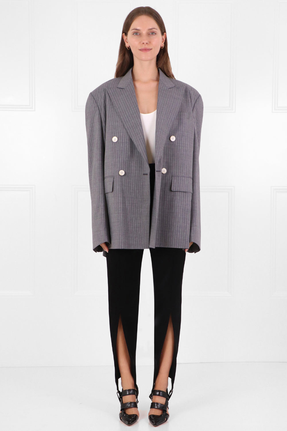 JUNYA WATANABE RTW OVERSIZED PINSTRIPE BLAZER GREY