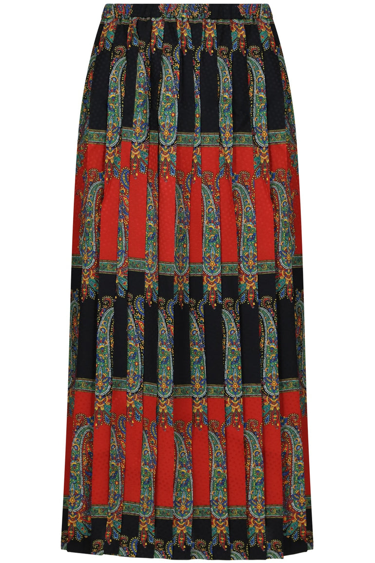 JUNYA WATANABE RTW PAISLEY STRIPE PLEATED SKIRT RED/BLACK