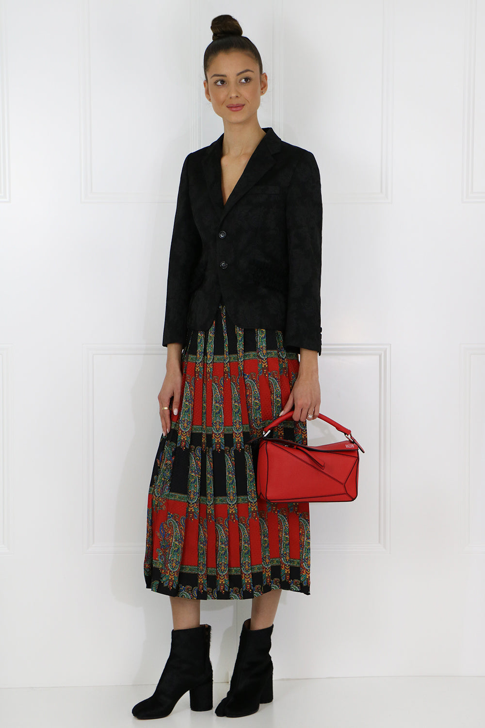 JUNYA WATANABE RTW PAISLEY STRIPE PLEATED SKIRT RED/BLACK