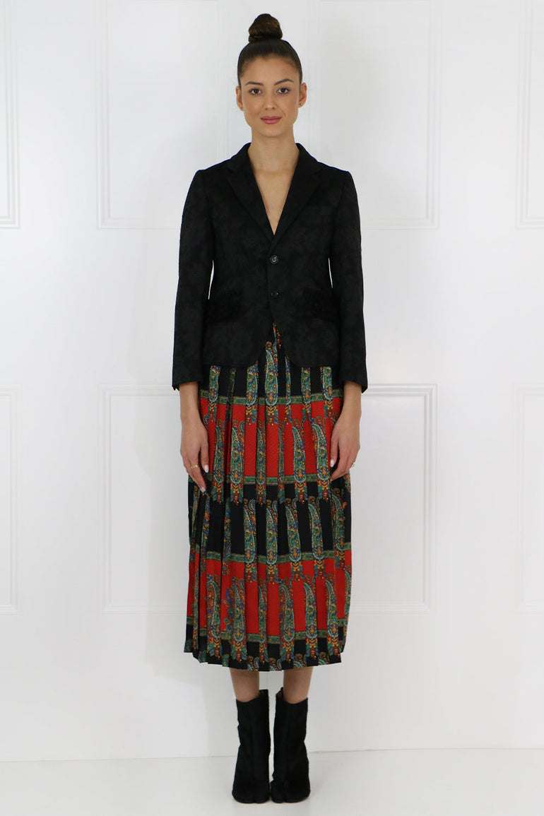 JUNYA WATANABE RTW PAISLEY STRIPE PLEATED SKIRT RED/BLACK