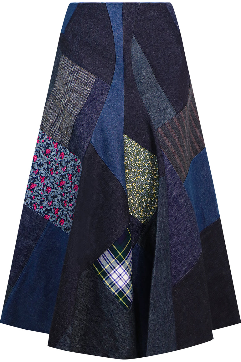 JUNYA WATANABE RTW PATCHWORK DENIM MIDI SKIRT INDIGO
