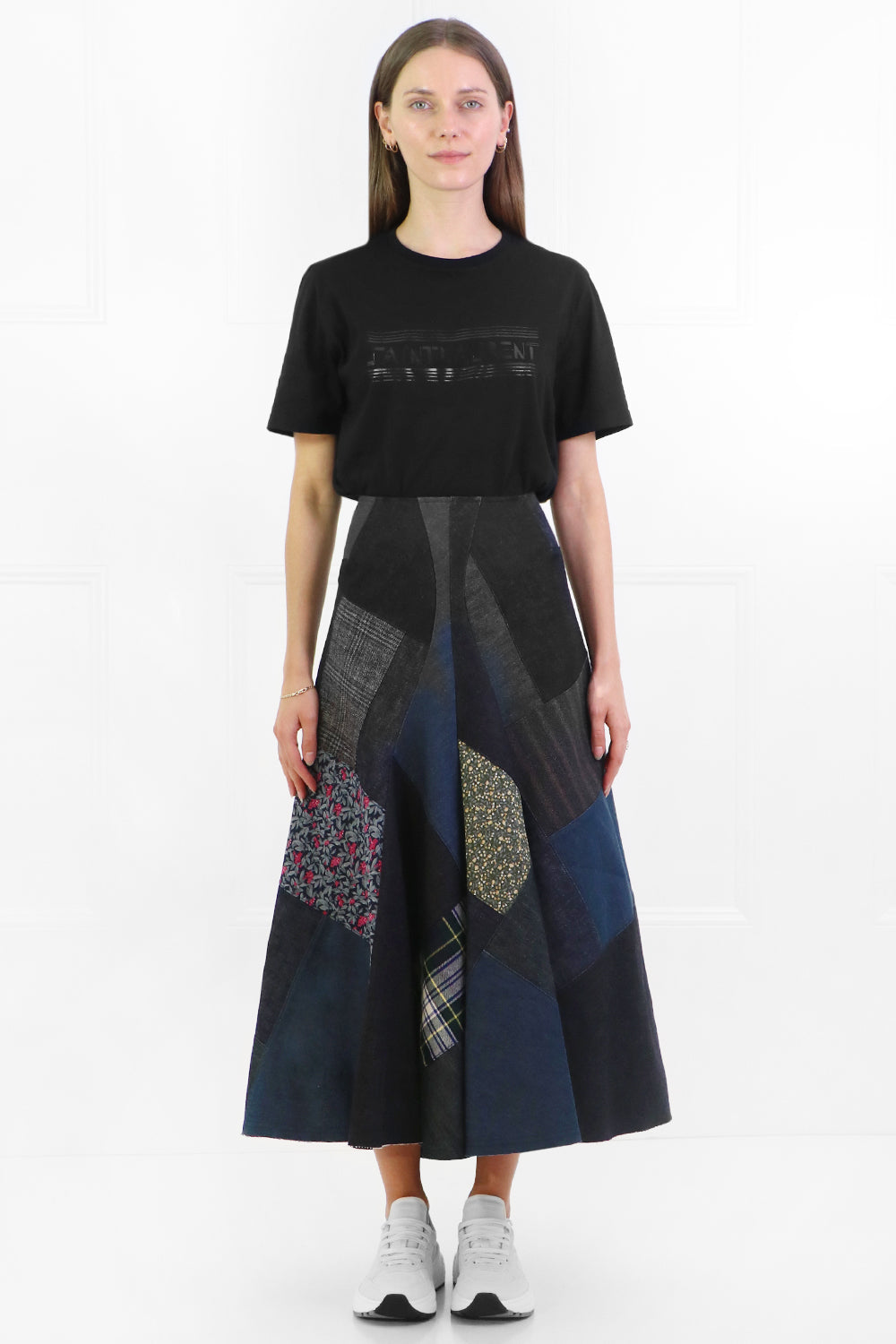 JUNYA WATANABE RTW PATCHWORK DENIM MIDI SKIRT INDIGO