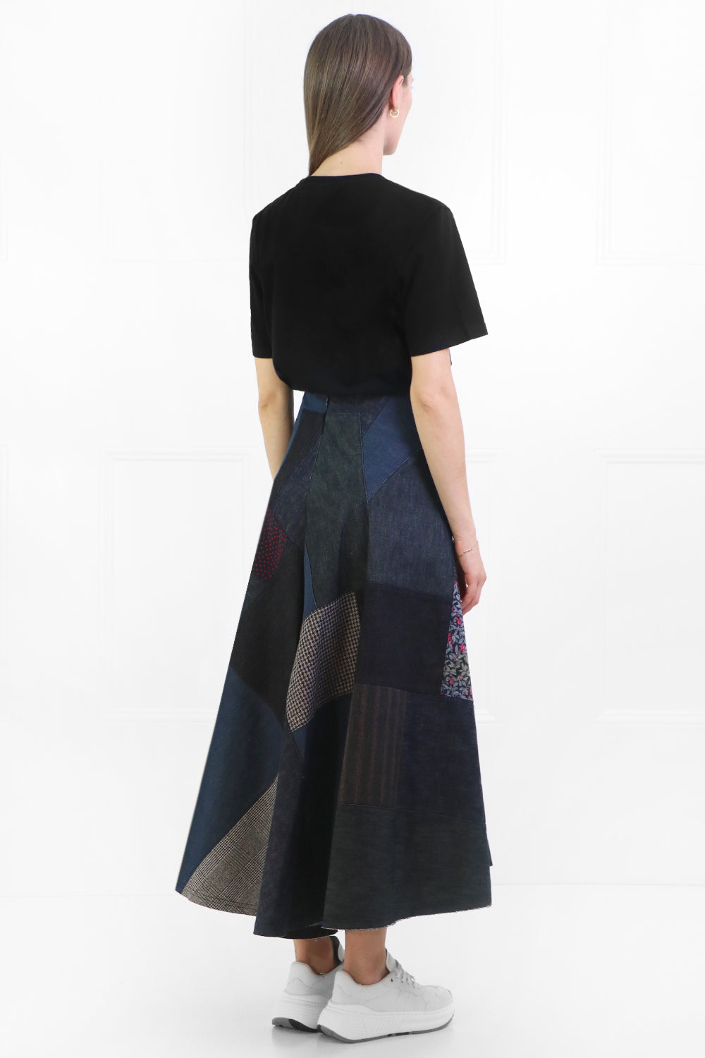 JUNYA WATANABE RTW PATCHWORK DENIM MIDI SKIRT INDIGO