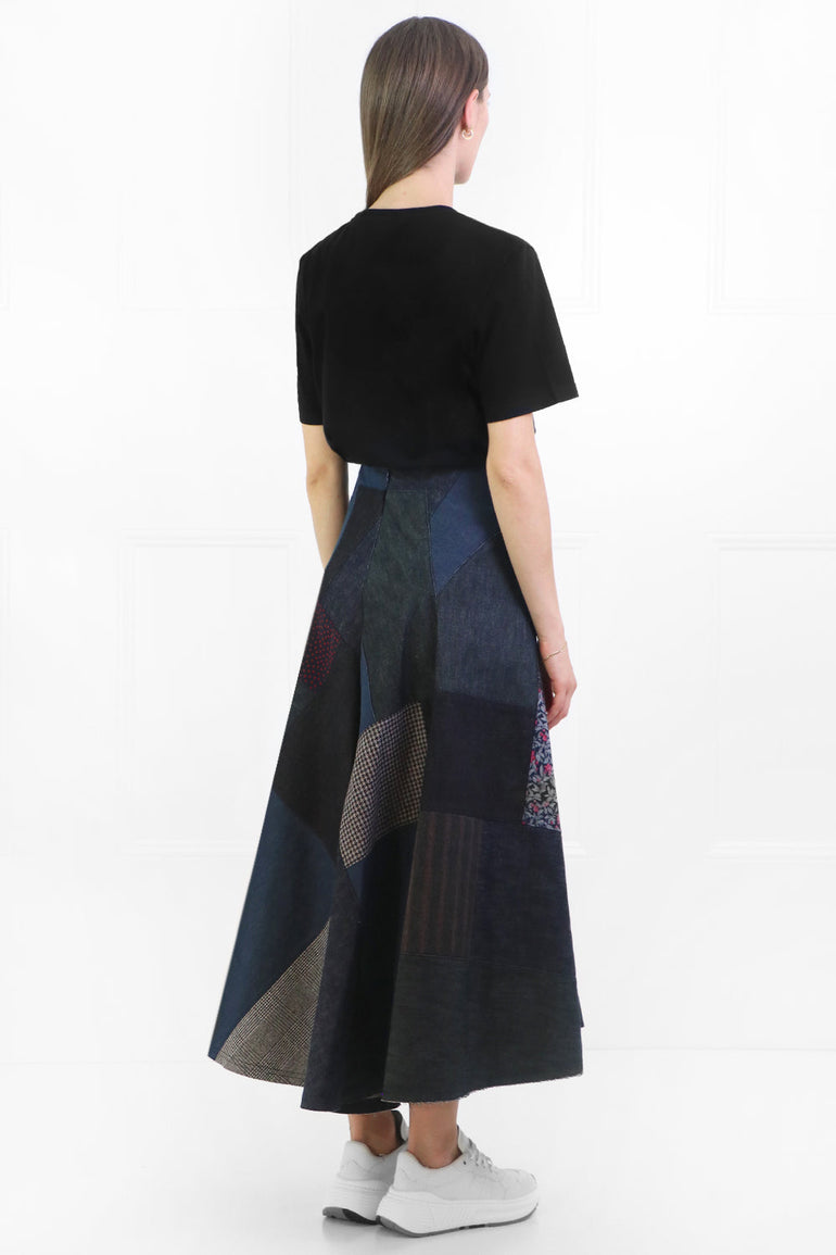JUNYA WATANABE RTW PATCHWORK DENIM MIDI SKIRT INDIGO