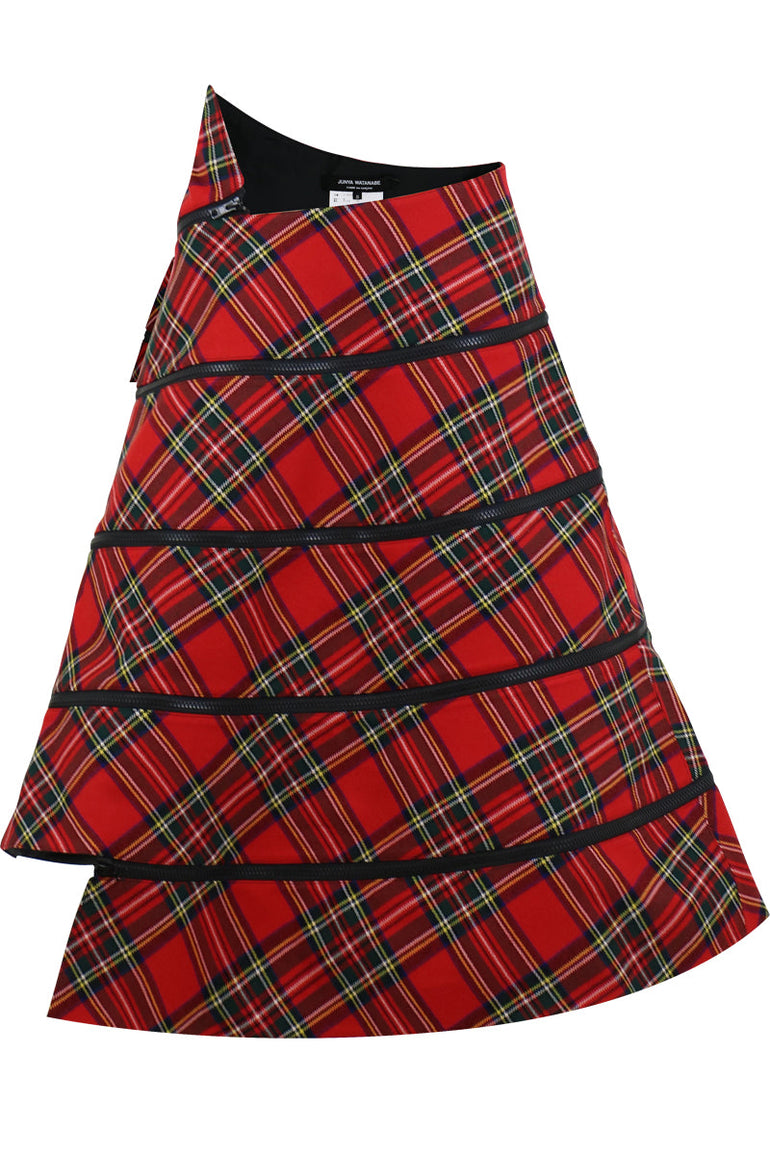 JUNYA WATANABE RTW STRUCTURED TARTAN CHECK MIDI SKIRT RED