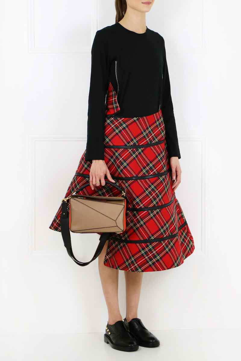 JUNYA WATANABE RTW STRUCTURED TARTAN CHECK MIDI SKIRT RED