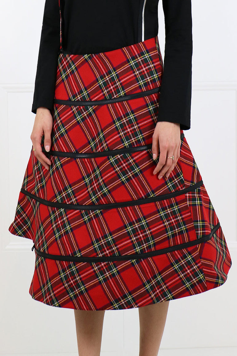 JUNYA WATANABE RTW STRUCTURED TARTAN CHECK MIDI SKIRT RED