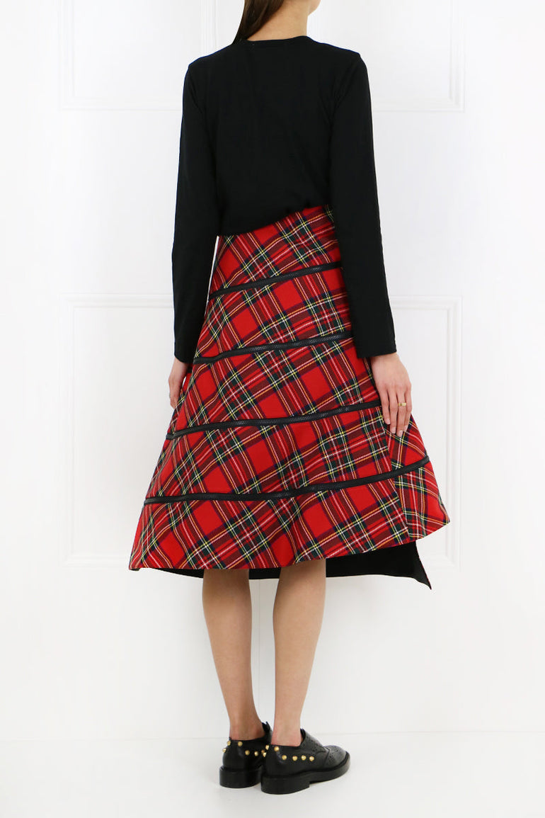 JUNYA WATANABE RTW STRUCTURED TARTAN CHECK MIDI SKIRT RED