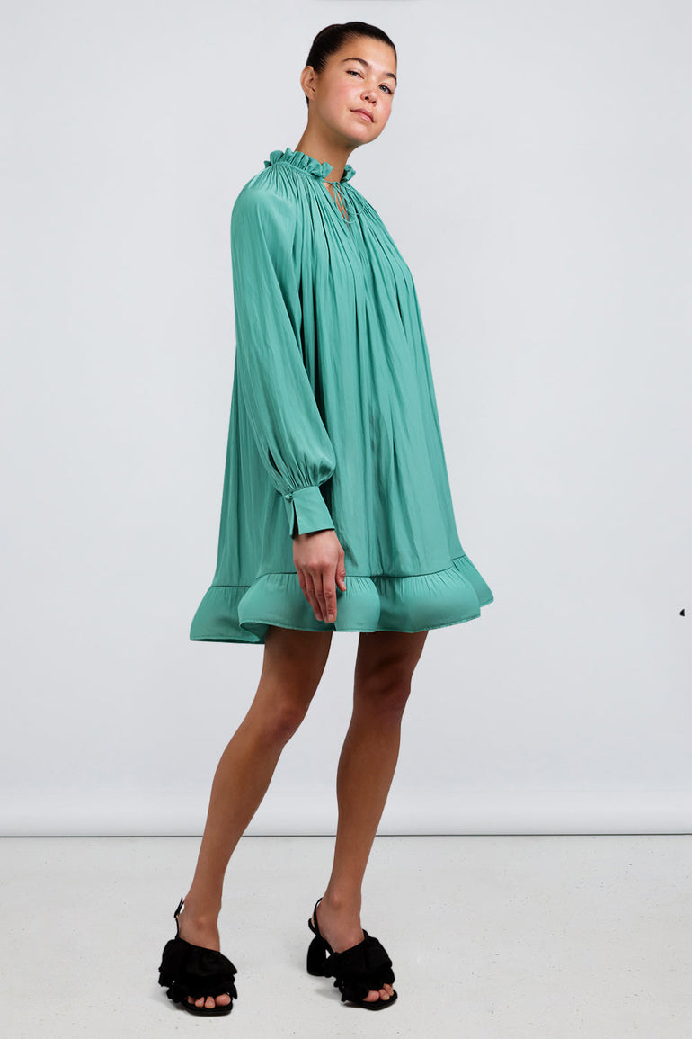 LANVIN RTW Short Charmeuse Dress With Long Sleeves and Ruffles | Jade