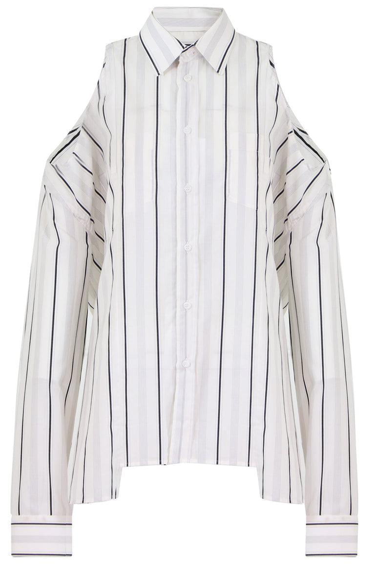 MAISON MARGIELA RTW COLD SHOULDER BUTTON UP STRIPE SHIRT L/S WHITE
