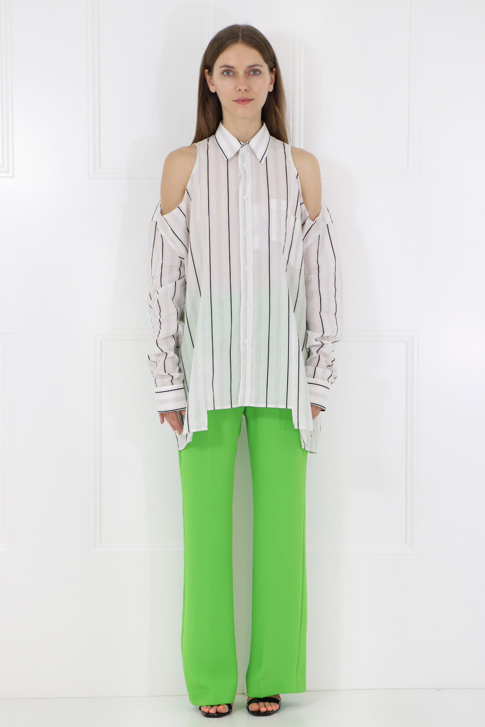 MAISON MARGIELA RTW COLD SHOULDER BUTTON UP STRIPE SHIRT L/S WHITE