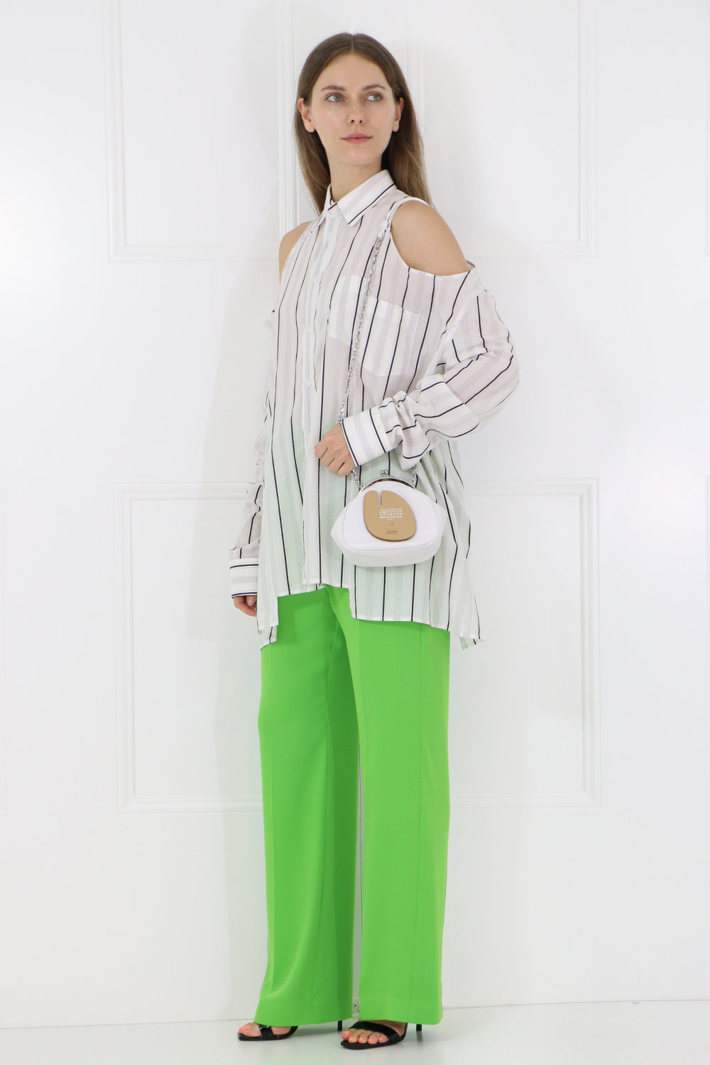 MAISON MARGIELA RTW COLD SHOULDER BUTTON UP STRIPE SHIRT L/S WHITE