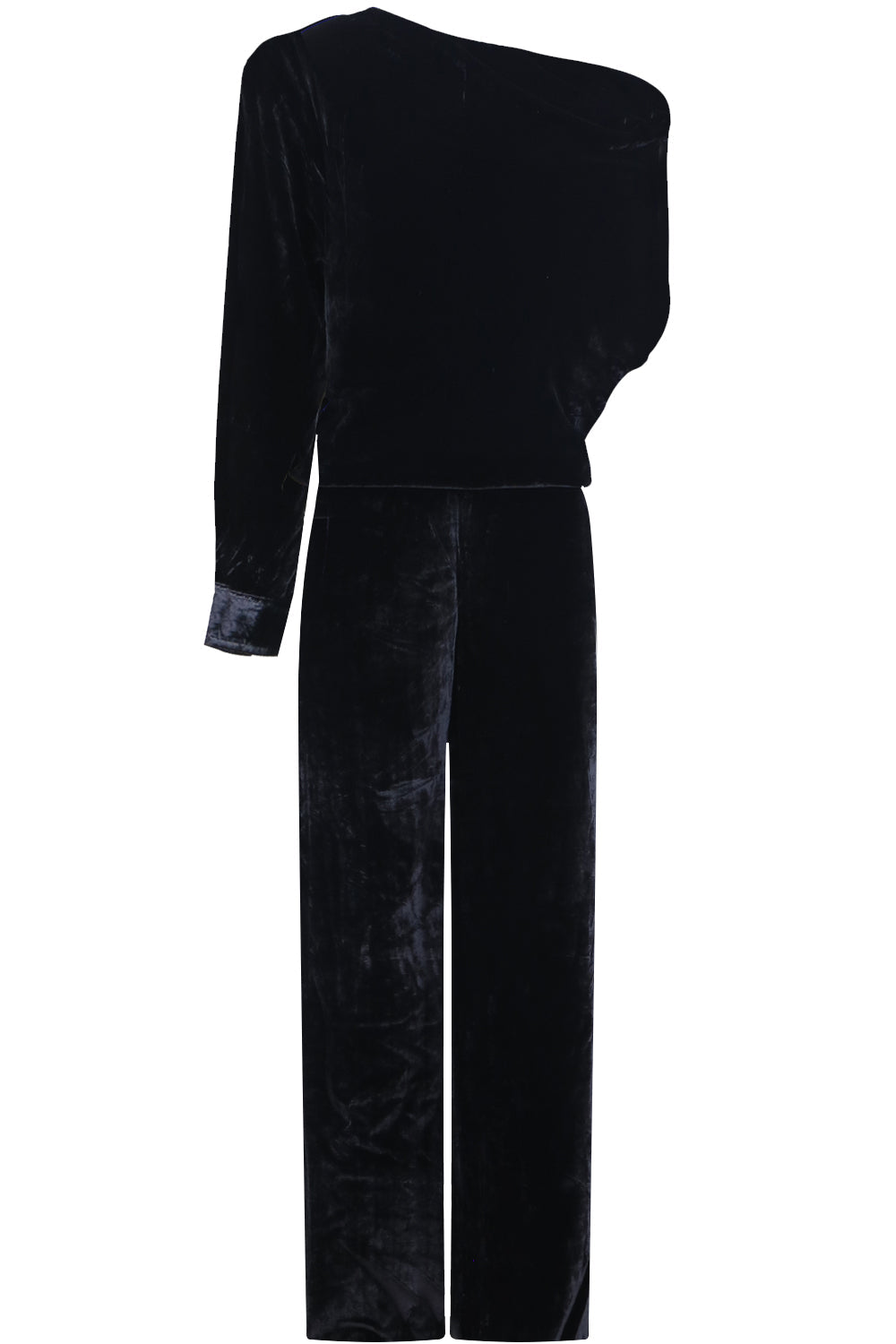 MAISON MARGIELA RTW ONE SHOULDER VELVET JUMPSUIT BLACK