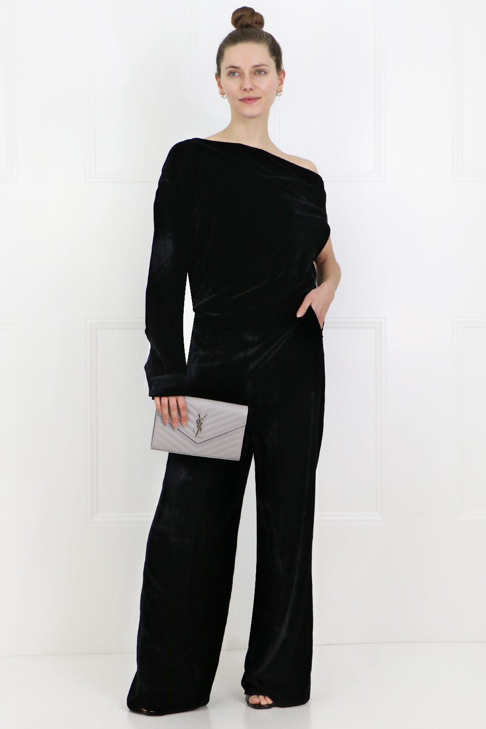 MAISON MARGIELA RTW ONE SHOULDER VELVET JUMPSUIT BLACK