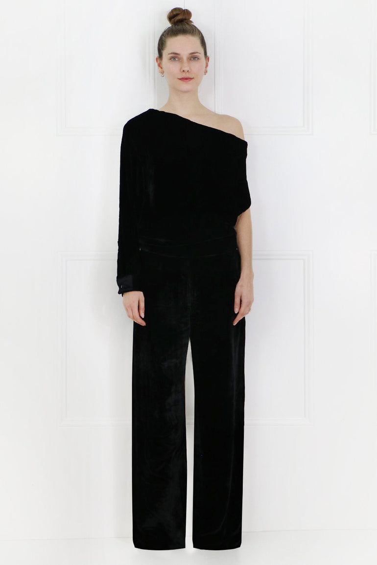 MAISON MARGIELA RTW ONE SHOULDER VELVET JUMPSUIT BLACK