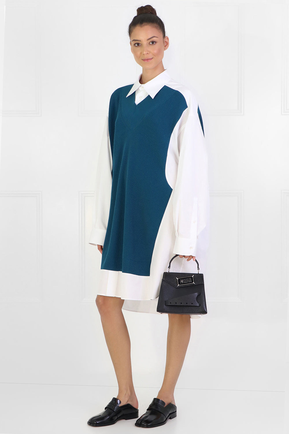 MAISON MARGIELA RTW OVERSIZED KNIT SHIRT DRESS TEAL/WHITE