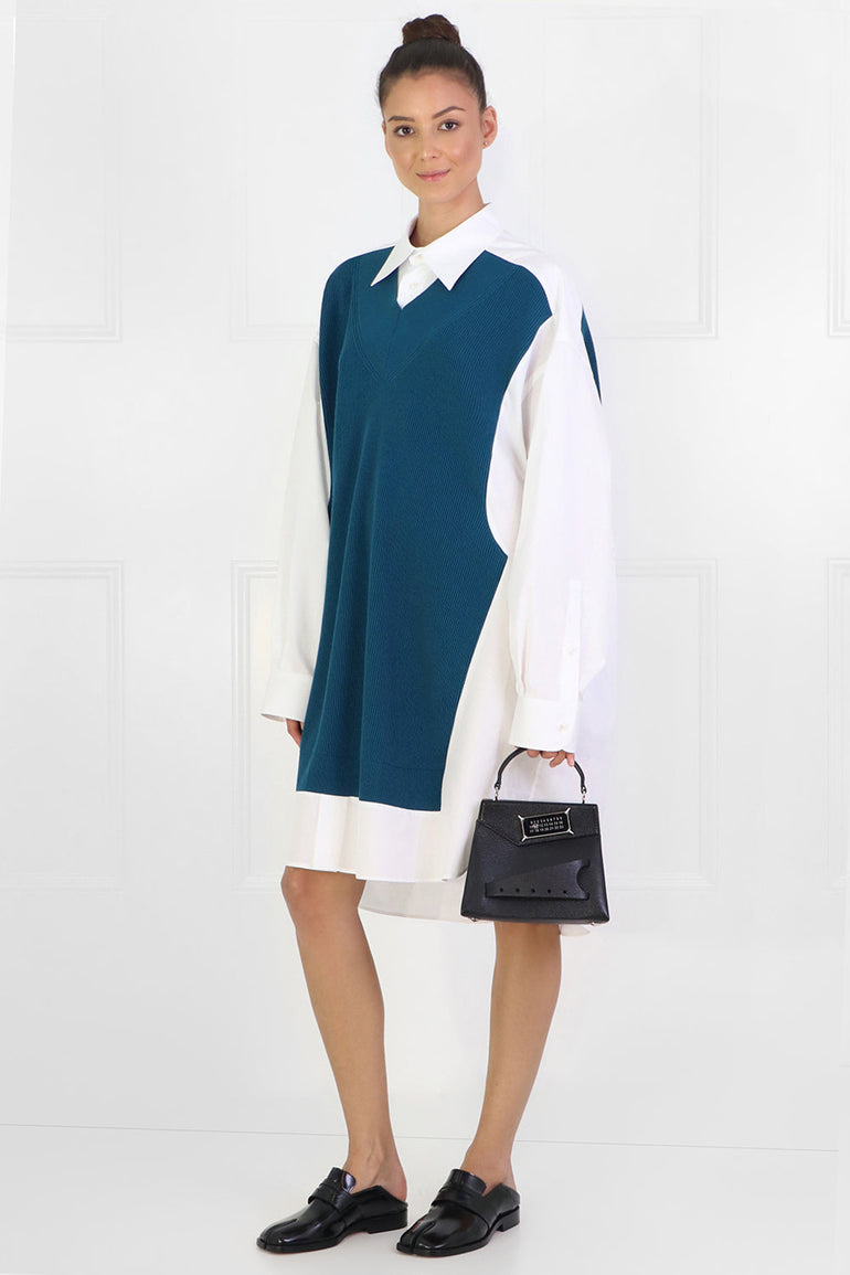 MAISON MARGIELA RTW OVERSIZED KNIT SHIRT DRESS TEAL/WHITE