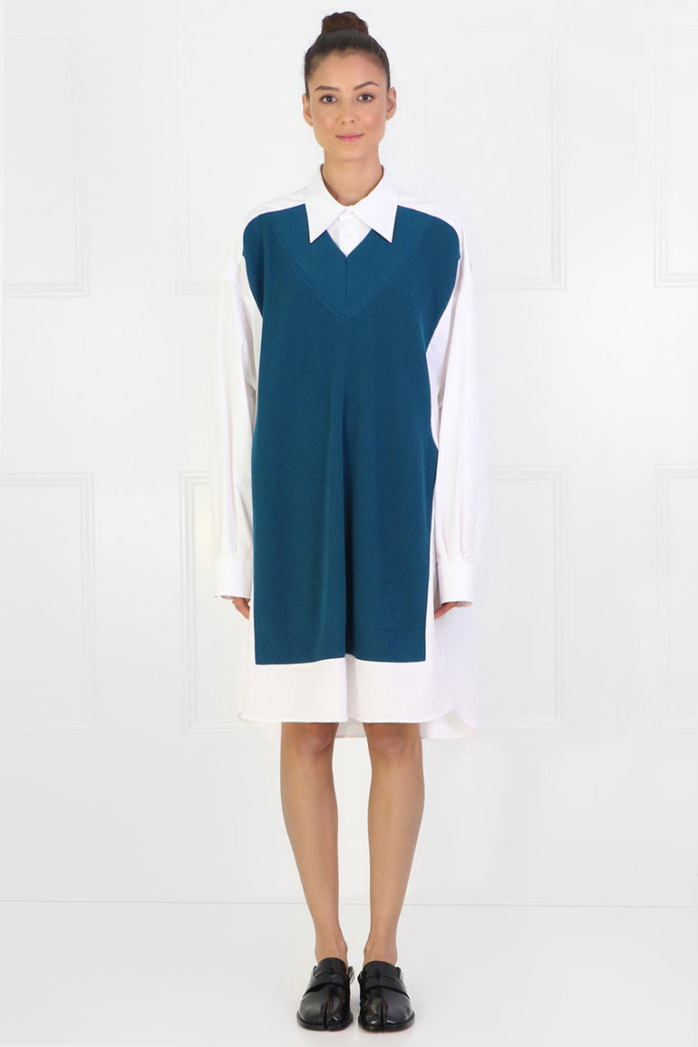 MAISON MARGIELA RTW OVERSIZED KNIT SHIRT DRESS TEAL/WHITE