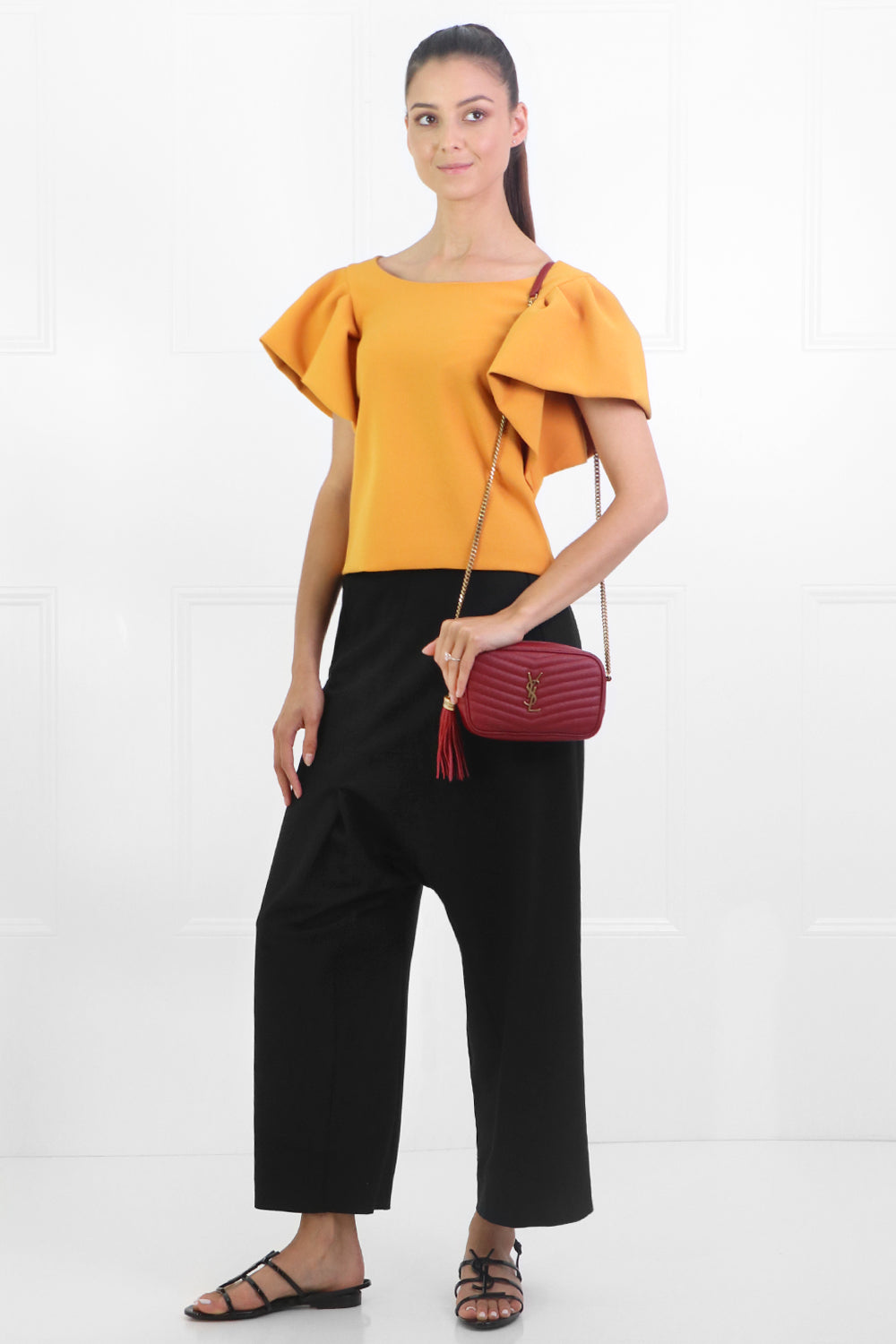 MAISON POI RTW TISSUE CROP TOP WITH PUFF SLEEVE EARTH