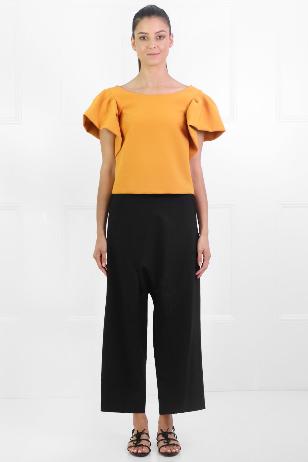 MAISON POI RTW TISSUE CROP TOP WITH PUFF SLEEVE EARTH