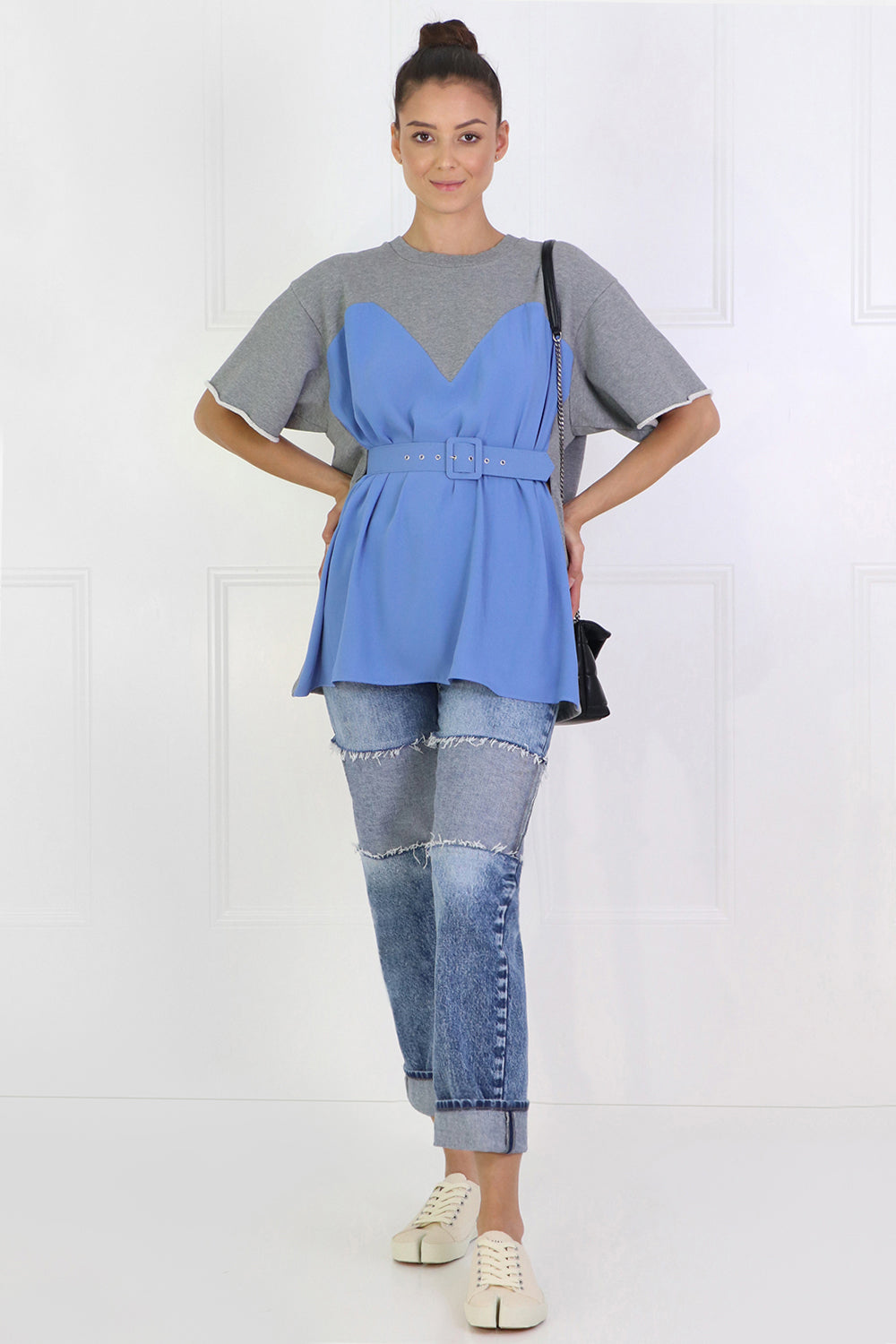 MM6 BY MAISON MARGIELA RTW CONTRAST BODICE TOP S/S GREY/SKY BLUE