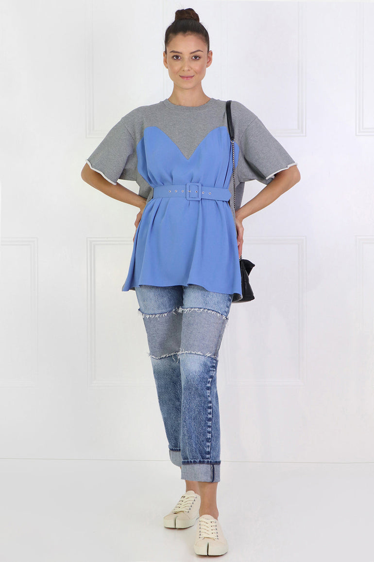 MM6 BY MAISON MARGIELA RTW CONTRAST BODICE TOP S/S GREY/SKY BLUE