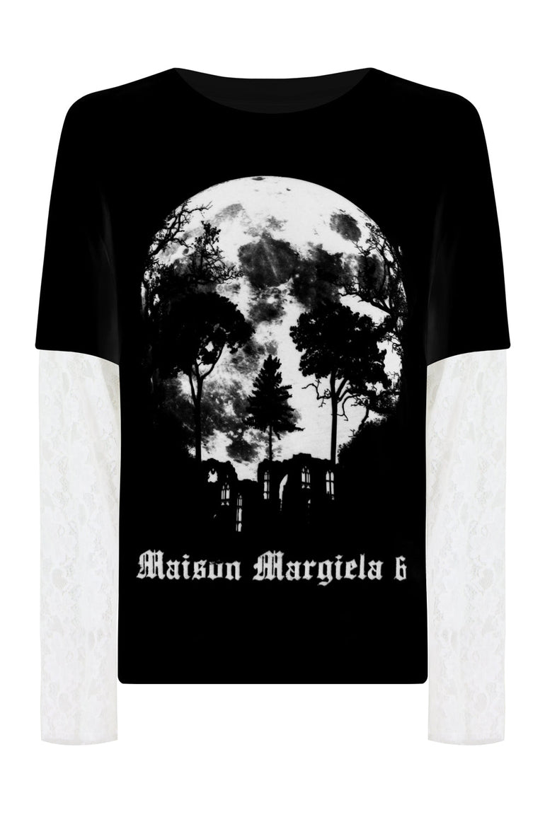 MM6 BY MAISON MARGIELA RTW GRAPHIC L/S T-SHIRT WITH LACE SLEEVES BLACK
