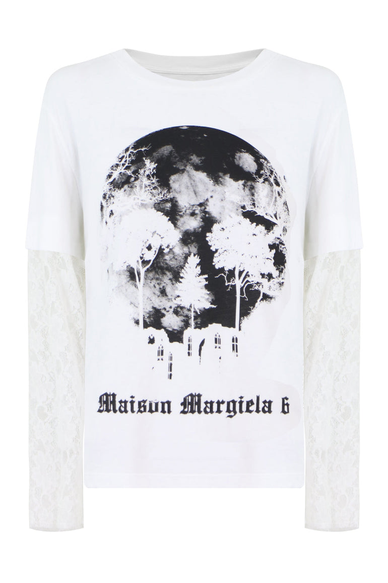 MM6 BY MAISON MARGIELA RTW GRAPHIC L/S T-SHIRT WITH LACE SLEEVES WHITE