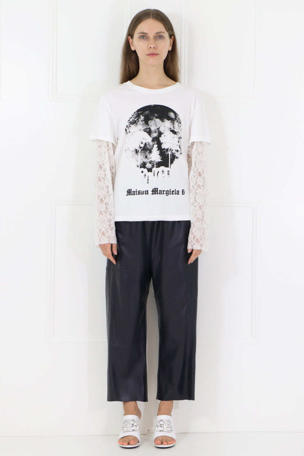 MM6 BY MAISON MARGIELA RTW GRAPHIC L/S T-SHIRT WITH LACE SLEEVES WHITE