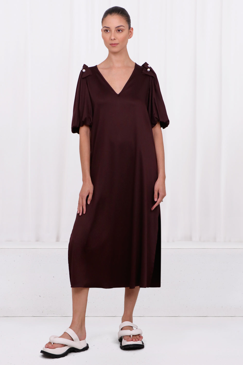 MOTHER OF PEARL RTW LOUELLA  MIDI DRESS WITH PEARL SLEEVE | PLUM