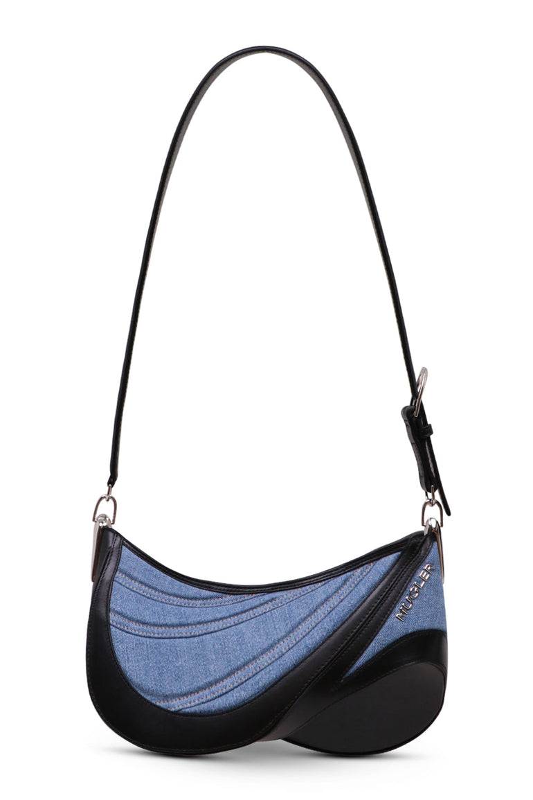 MUGLER BAGS MULTI MEDIUM DENIM SPIRAL CURVE BAG 01 | MEDIUM BLUE/BLACK