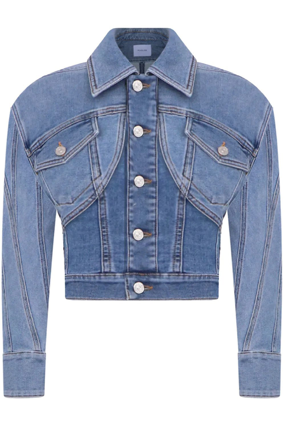 MUGLER RTW CROPPED BI-MATERIAL DENIM JACKET | BLUE