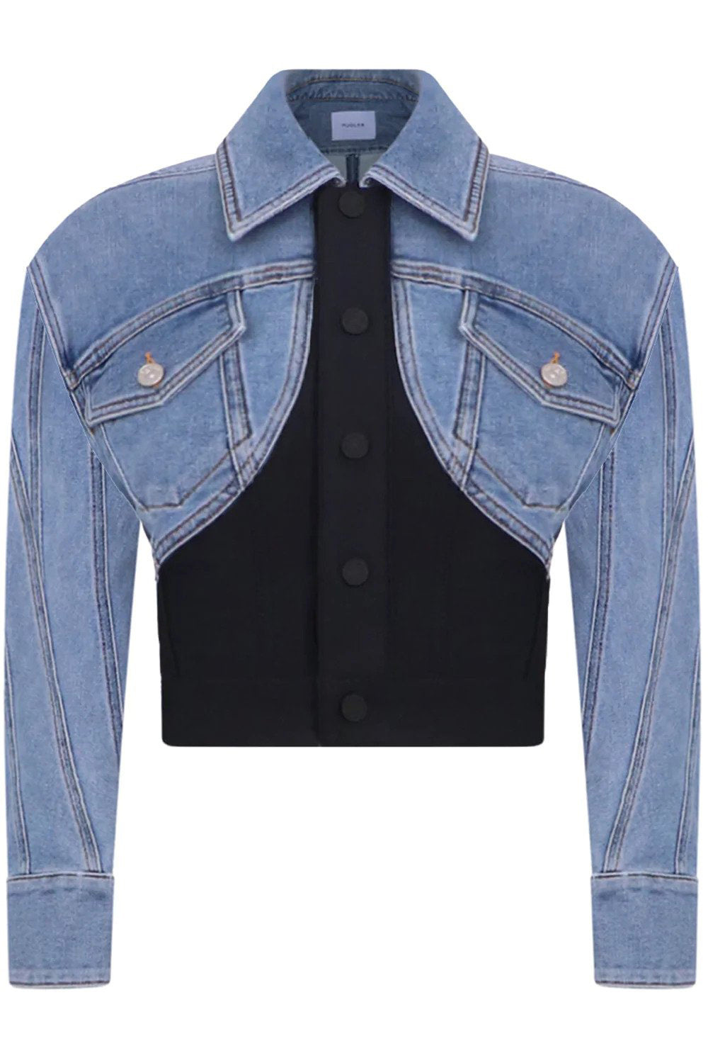 MUGLER RTW CROPPED BI-MATERIAL DENIM JACKET | BLUE/BLACK