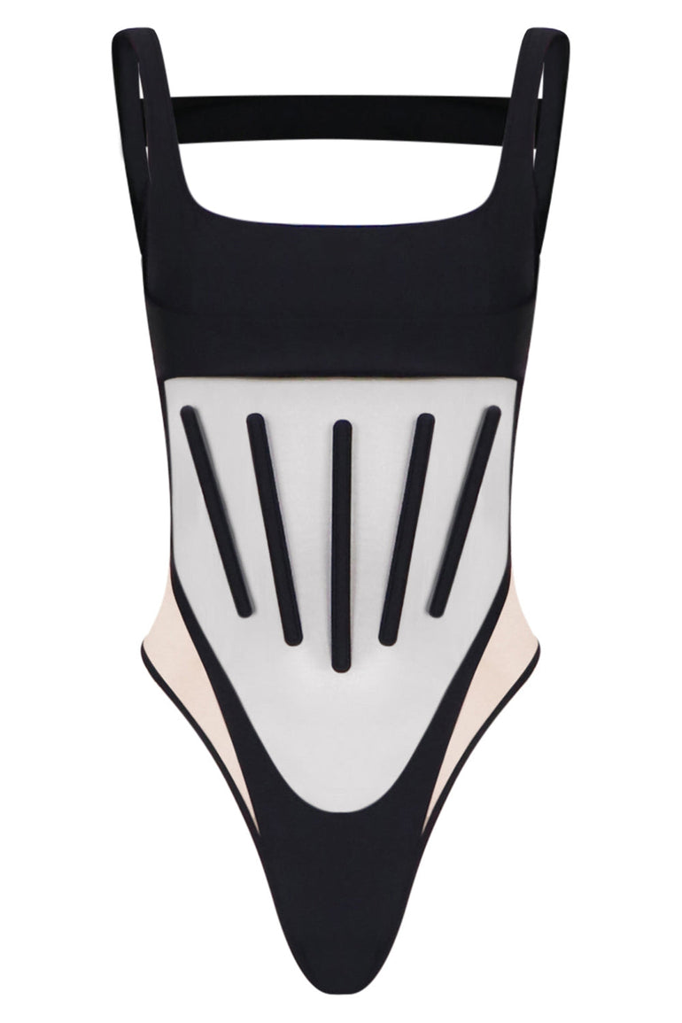 MUGLER RTW ILLUSION BODYSUIT WITH BONING BLACK/NUDE