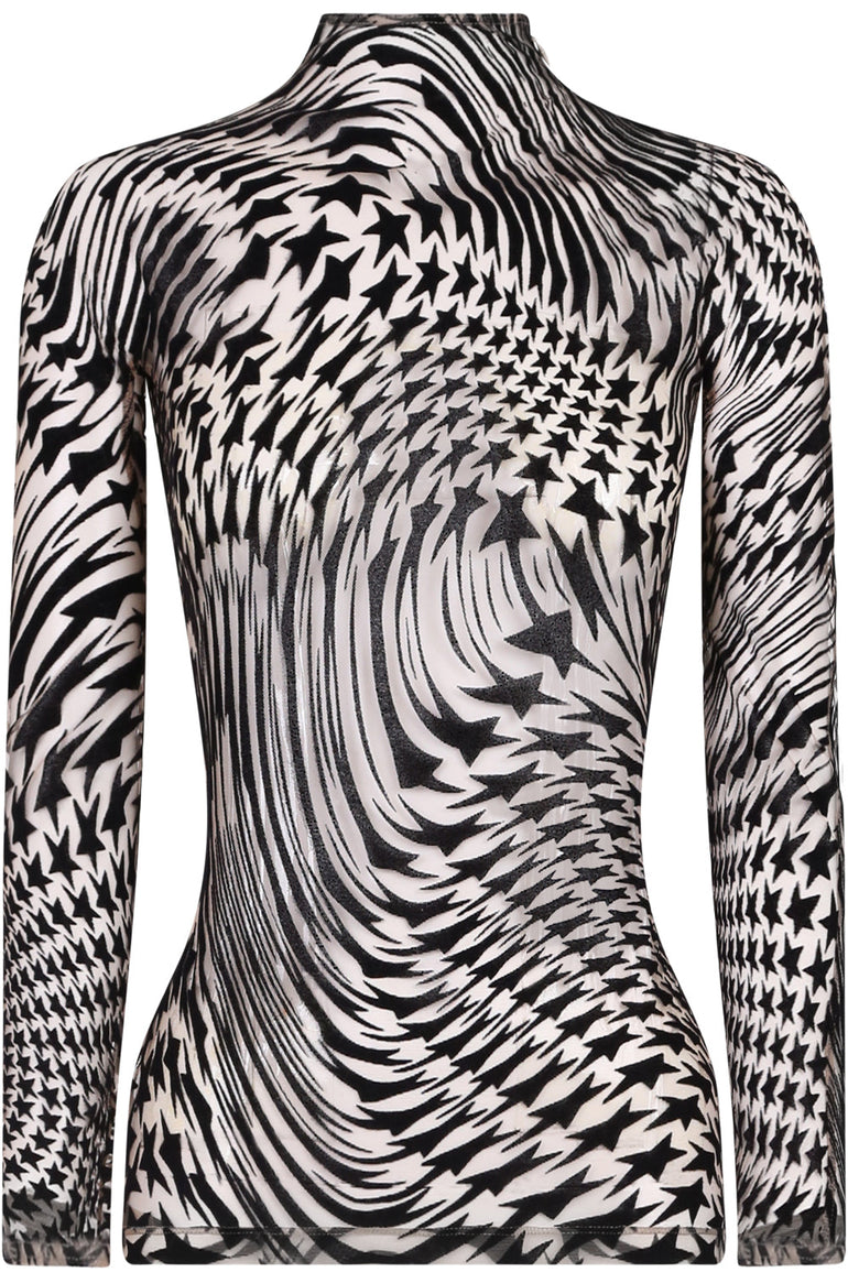 MUGLER RTW MESH VELVET STAR L/S TOP NUDE/BLACK