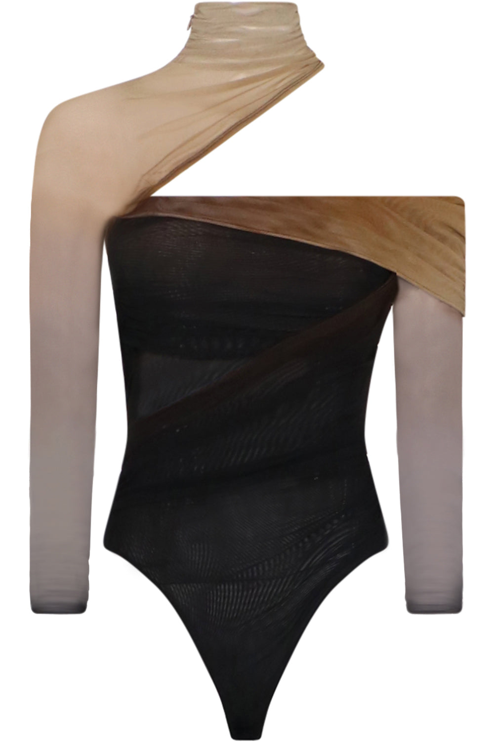 MUGLER RTW PRINTED MESH BODYSUIT TURTLENECK BEIGE/BLACK