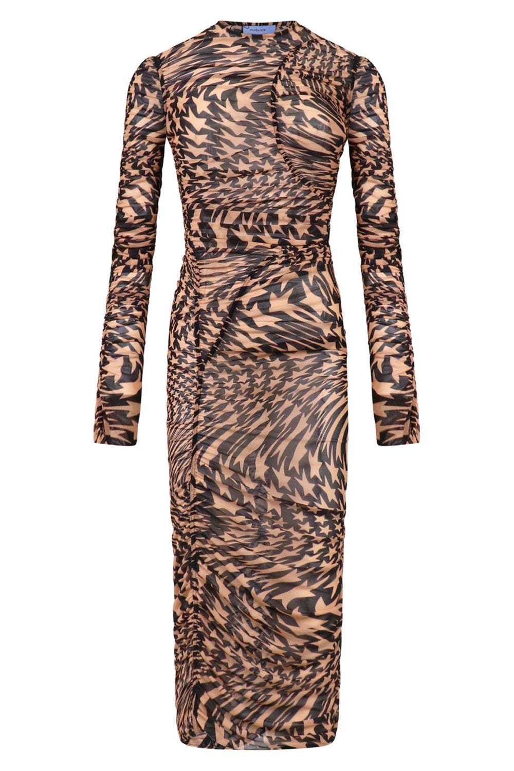 MUGLER RTW STAR PRINT MESH MIDI DRESS | BLACK/BEIGE