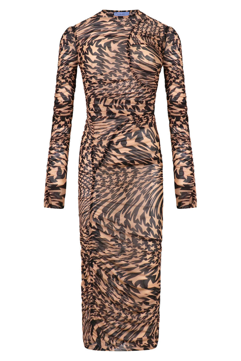 MUGLER RTW STAR PRINT MESH MIDI DRESS | BLACK/BEIGE