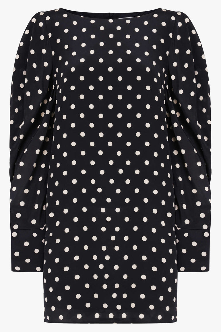 NINA RICCI CREPE DE CHINE MINI POLKA DOT PUFF SLEEVE DRESS BLACK WHITE Parlour X NINA RICCI CREPE DE CHINE MINI POLKA DOT PUFF SLEEVE DRESS BLACK WHITE Parlour X