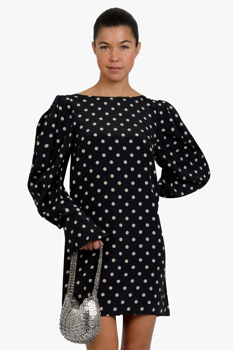 NINA RICCI RTW Crepe De Chine Mini Polka Dot Puff Sleeve Dress | Black/White