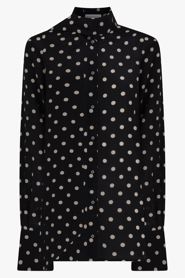 NINA RICCI RTW Crepe De Chine Polka Dot Print Shirt | Black/White
