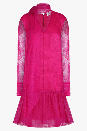 NINA RICCI RTW V-Neck Ruffle Lace Dress | Fuschia