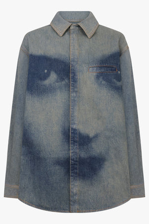 Face Print Oversized Denim Shirt | Indigo
